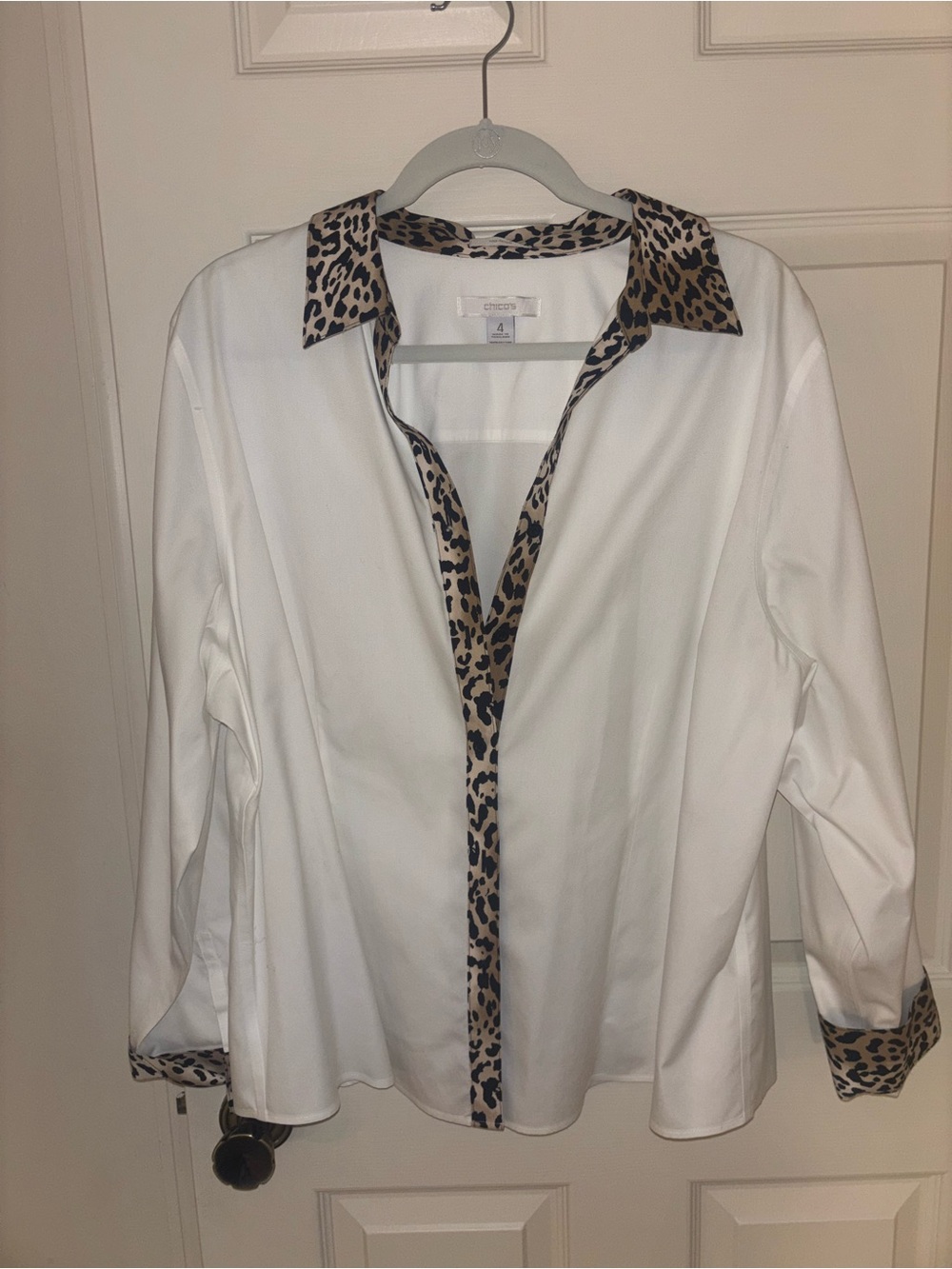 Chicos White Blouse with Leopard Trim